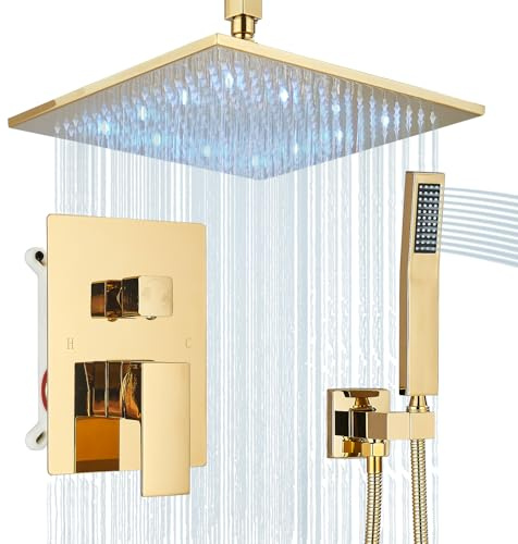 Polished Gold Shower System 12 Inch LED Square Rainfall Shower Head Ceiling Mount Shower Faucet Set with Hand Sprayer Rough-in Valve Trim Kit Bathroom Mixer Shower Combo Set