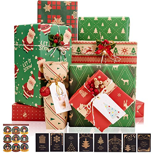 Toptime Geschenkpapier Weihnachten, 8 Blatt Rotes und Grünes Weihnachtspapier mit Grußkarten, Umschlägen und Aufklebern, Kraftpapier mit Weihnachtsmann- und Weihnachtsbaum-Motiven, 70x50cm