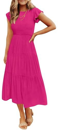 ZESICA - Women's Short Sleeve Ruffle Short Sleeve Crew Neck Ruched Elastic Waist Summer Dress