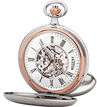 Regent Orologio da taschino da uomo Savonnette scheletro 51 MM meccanico a carica manuale numeri romani in diverse varianti, Argento-oro rosa, Classico