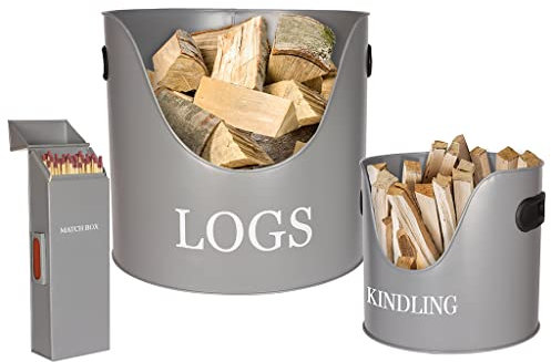 3pc Log Basket, Kindling Bucket & Match Box Canister Set Contemporary Grey Fireside Firewood Storage Hearthside Tool Accessory Set