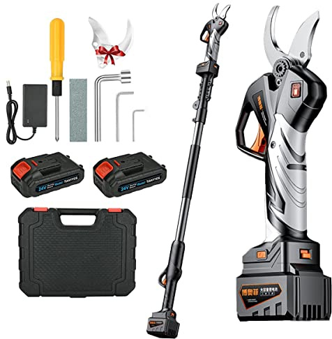 Plerile Secateur Electrique sans Fil avec Perche Télescopique, Coupe Branche Electrique pour L'élagage des Arbres, Diamètre De Coupe De 50mm, 2 Batterie Au Lithium, 6 À 8 Heures De Travail