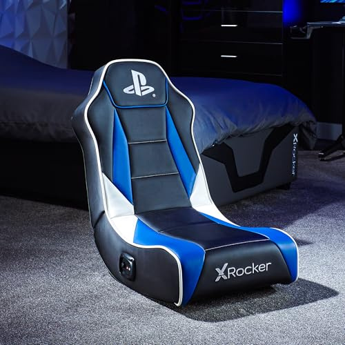 X-Rocker PlayStation Geist 2.0 - Silla mecedora de suelo para juegos de audio, altavoces con reposacabezas, soporte ergonómico, base mecedora plegable, piel sintética fácil de limpiar para niños y