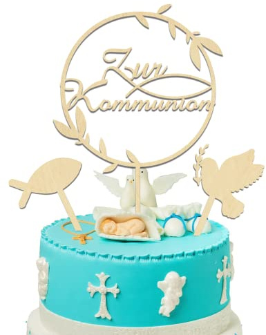 Cake Topper Kommunion, Holz Tortendeko Zur Kommunion, Taufe Fische Konfirmation Torten Topper, Erstkommunion Kuchen Deko Tortendeko Party für Junge Mädchen