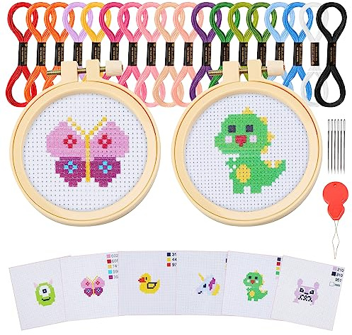 Ysimple Stickset Kreuzstich Set, 6 Muster mit Stickrahmen für Anfänger | Komplettes Stickerei Set mit 6 Kreuzstichmustern und 2 Stickrahmen, für Erwachsene Anfänger und DIY Handarbeit, Tier