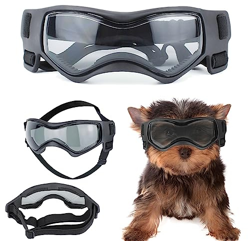Hundebrille für kleine Hunde, Sonnenbrille für kleine Rassen, Hundebrille, UV-Schutz, Windschutz, Staubschutz mit verstellbarem Riemen für kleine Rassen (klein, schwarz)