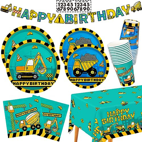 Construction Birthday Party Supplies Kit - Disposable Paper Plates, Napkins, Cups, Tablecloth, & Banner - Construction Theme Birthday Party Decorations, Serve 25