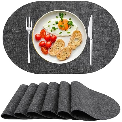 Tischsets Platzsets Abwaschbar Platzset Oval PU Leder Platzdeckchen 6er Set | Rutschfest Hitzebeständig Platmats für Esstisch Küche Schwarz