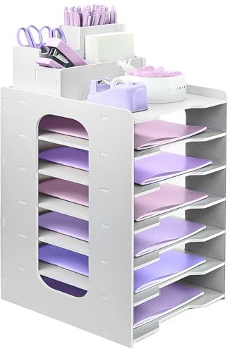 HMXLJJY Briefablage Organizer, A4 Papier Ablagefächer, 7-stöckiges Büro Aktenablage, Schreibtisch Datei Tidy Organizer mit stapelbarer Ablage Schreibtisch Papier Organizer mit Stifthalter (weiß)