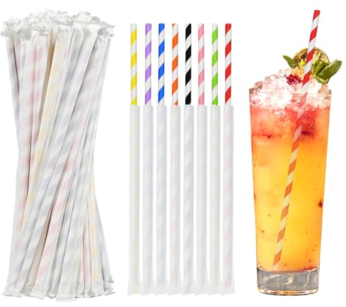 Cannucce di carta monouso extra lunghe, confezionate singolarmente, 26 x 0,6 cm, strisce colorate – 400 pezzi