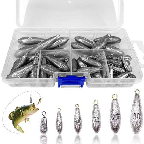 TTYSHIP® 50 Stück Blei Angeln, Stromlinienförmig Bleigewichte Angeln, 5g/10g/15g/20g/25g/30g Angelblei mit Aufbewahrungsbox, Geeignet zum Angeln im Freien