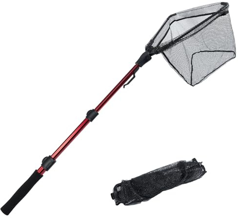 Alwonder Red de aterrizaje de pesca para estanque con mango telescópico antideslizante, aleación de aluminio, redes de aterrizaje plegables para pesca, jardín, piscina, hoja, liberación de captura,