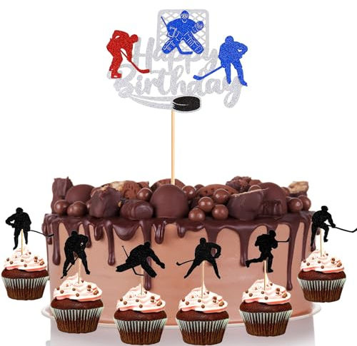 25 Stück Hockey Kuchenaufsatz, Hockeyspieler Kuchendekorationen, Schwarze Hockey Cupcake Topper Sport Themen Cupcake Topper Geburtstagskuchen Sticks Dekoration für Party, Geburtstagsdekorationen