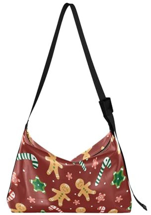 Grand sac à bandoulière imperméable à fermeture éclair pour femme Motif pain d'épice de Noël Rouge, Pain d'épices de Noël rouge, 1 size