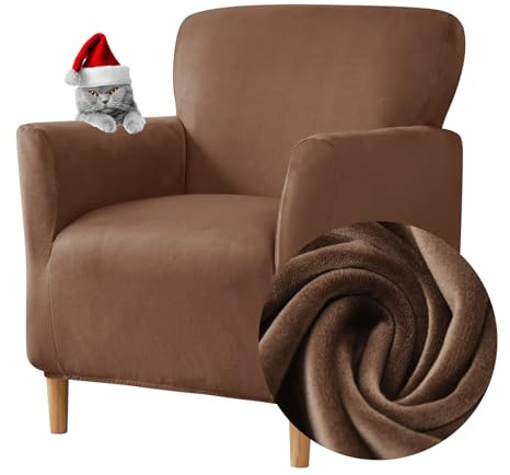 Highdi Stretch Sesselhusse - Elastische Samt Sofaüberzug für Clubsessel Mit Armlehne - Weicher Sesselschoner Sitzbezug Hussen (Braun)