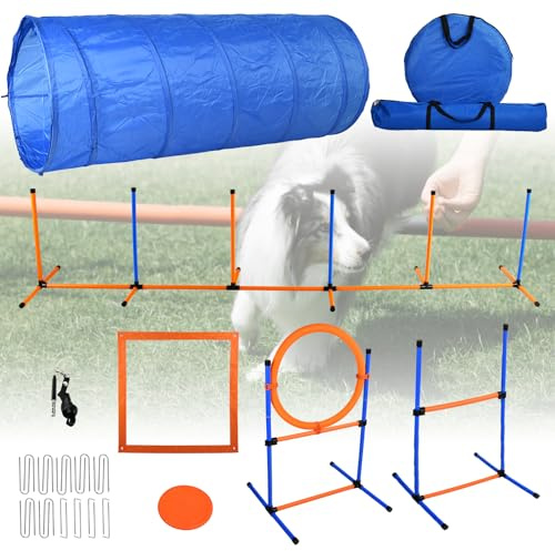 Bebegigi Agility Training Equipment for Dogs, Dog Agility Course Backyard Set Include Tunnel, Jumping Ring, Pause Box, 6 Weave Poles with Carry Bags