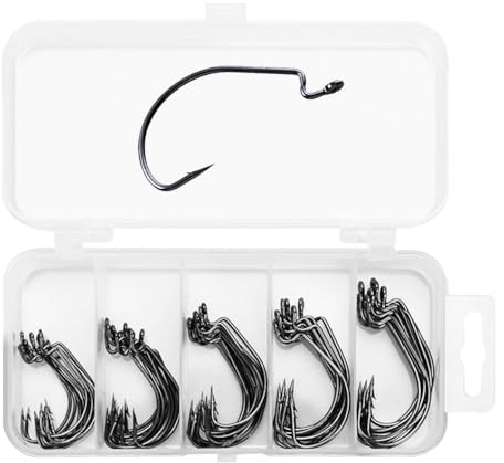 Pamtns Offset Haken 50 Stück Angelhaken Set Offset Wurm Jig Haken 5 Größen Dropshot Haken mit Kunststoffboxen Kohlenstoffstahl Wurm Angelhaken Set Weiche Köder Jigging Fischhaken Angelzubehör