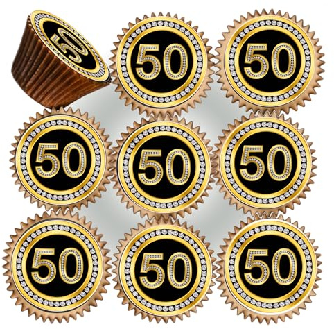 30 x 50TH BIRTHDAY AGE 50 50TH ANNIVERSARY BLACK & GOLD EDIBLE ICING 3.8 cms CUPCAKE TOPPERS DECORATIONS