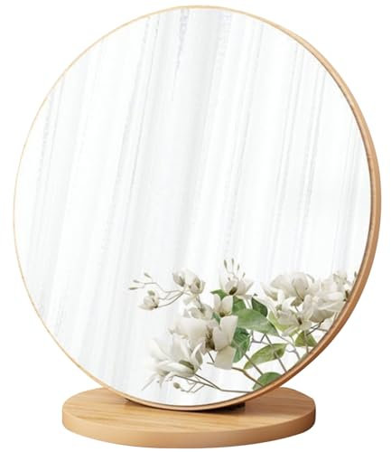 Espejo de tocador con base de madera, espejo de maquillaje redondo, espejo de tocador giratorio de 90 °, espejo de mesa de alta definición de 11,8 pulgadas para el hogar, dormitorio, espejo de tocador