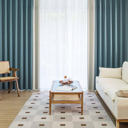 Mesnt Thermovorhang Hitzeschutz, Herringbone Textured Blue Creamy White Patchwork Grommets Thermoisolierte Vorhänge für Wohnzimmer102 x 244 cm