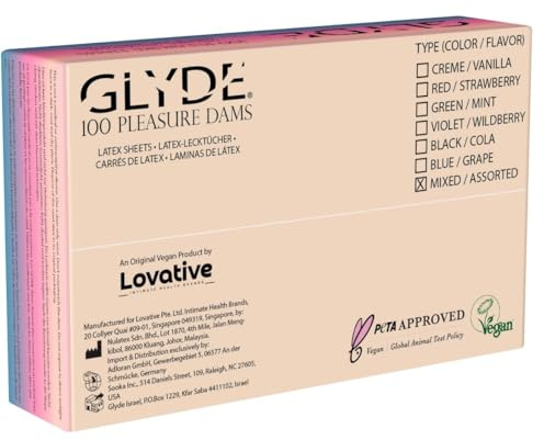 Glyde Dams MIX - 100 Latex-Schutztücher - farbige Lecktücher mit Duft (Cola, Erdbeere, Vanille, Waldbeere)