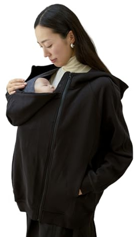 Konny Babywearing Outerwear, Women's Zip Up Hoodie | 2-in-1 Winter Coat Nursing Hoodie with Pockets Outwear (Black, M)