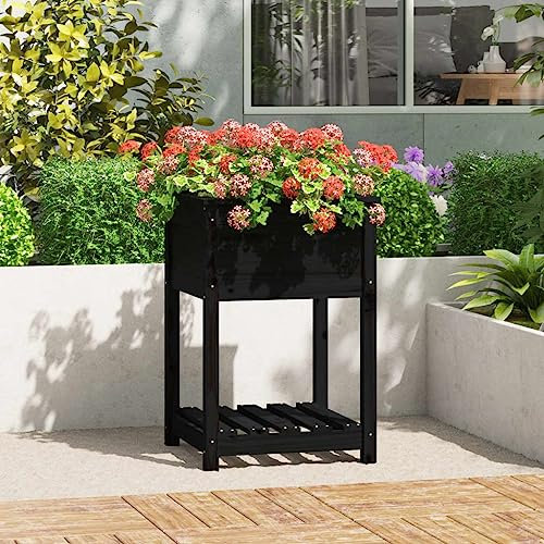 WIFESE Jardinière Surélevée Exterieur avec Une Étagère Noir Bois de Pin Massif 54x54x81 cm Bac Jardiniere Balcon Hauteur de Travail Ergonomique Optimale Pot de Salon Espace Ample