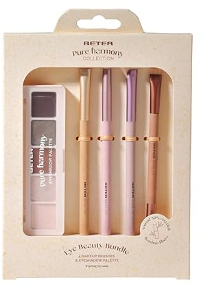Beter - Set de Brochas de Maquillaje para Ojos y Paleta de Sombras con 4 Tonos + Iluminador, Pure Harmony, 4 Brochas de Ojos y Cejas, Pelo Sintético y Fibras de Bambú, Kit Maquillaje Completo