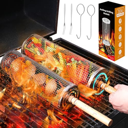XUNIVERS Ensemble de paniers de grillage enroulable emboîtables avec poignée en bois (2 pièces), panier de grillage enroulable, accessoires de barbecue pour grill extérieur pour légumes,poisson