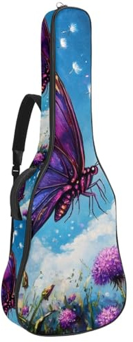 KengjuTesu 43 Zoll Akustikgitarre Softcase mit Rucksackgurt und 2 Taschen Pusteblume Lila Schmetterling Druck Keine Polsterung Rucksack Wasserdicht Oxford Tuch Bassgitarre Gigbag für Konzertgitarre,