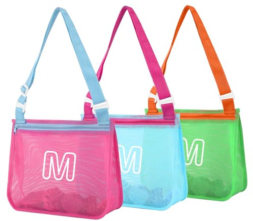 3Pcs Personalized Kids Beach Shell Bag, Initial Seashell Mesh Zipper Beach Pouch, Shell Collecting Bag for Holding Shells with Adjustable Straps, Sand Toys Swim Pouch Gift for Girl Boy Teens(Letter M)
