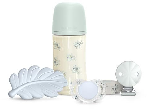 Suavinex, Set Regalo Neonati +0 Mesi. Ciuccio 0/6 mesi con tettarella SX Pro + Portaciuccio in tessuto + Biberon anticolica con tettarella SX Pro a flusso medio (M) 270 ml + Massaggiagengive, blu