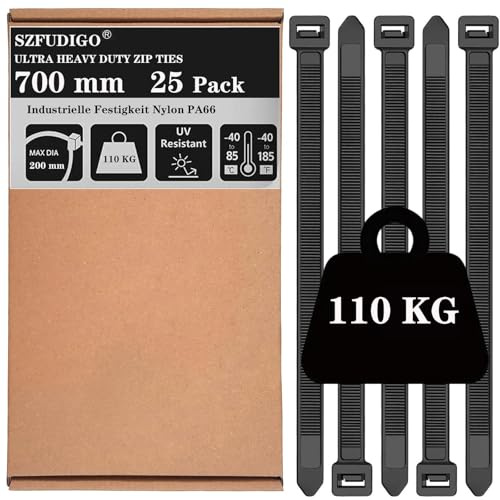 SZFUDIGO Kabelbinder Schwarz 25 Stück,12x700 mm 110KG UV Beständig Großer Kabelbinder,für Kabelmanagement (schwarz, 700mm)