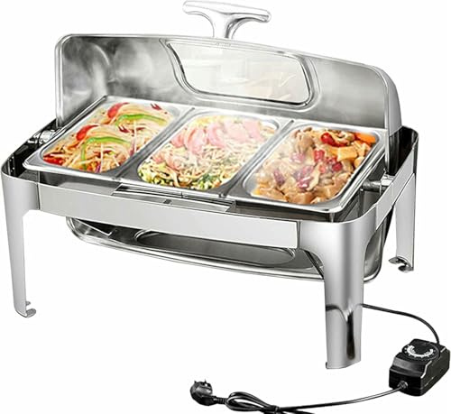 ASumPio Chafing Dish Elektrisches Buffet Mit Sichtbarer Glasabdeckung, Rolltop-Flach-Chafing-Dish-Heizgerät Aus Edelstahl, Beheizte Elektrische Platten-Buffets Für Hotelfestivals,Electric-45294