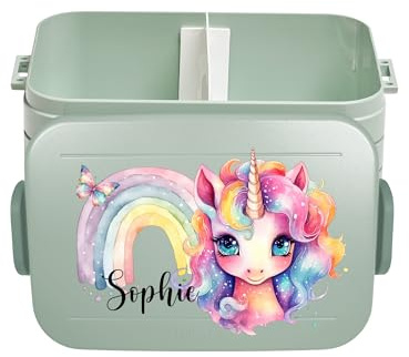 Mepal Lunch Box Take a Break Personalizzato, Contenitore per il pranzo con inserto separatore Ragazza, Lunch Box con nome Bento Box Separatore Stampa Colorata Unicorno Arcobaleno Large Menta
