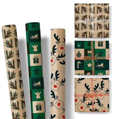 Geschenkpapier Weihnachten im Set – 3 Rollen: 3m lang, 47cm breit – edel und hochwertig – Weihnachtspapier für Erwachsene und Kinder – SET 2 - RENTIER