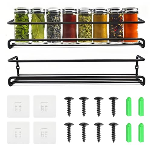 Euablfo 2 Stück Gewürzregal Wand,Gewürzregal Wand Ohne Bohren,Gewürz Organizer,Küchen Gewürzregals Metall Spice Rack Wall,mit beweglichen 4 Haken, Schrauben,für Küchenschrank, Speisekammertür