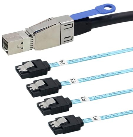 JMT MINI SAS HD SFF-8644 con IC a 4 conectores SATA 7P recto cable de disco duro de servidor (SFF-8644 a 4 SATA, 50 cm)