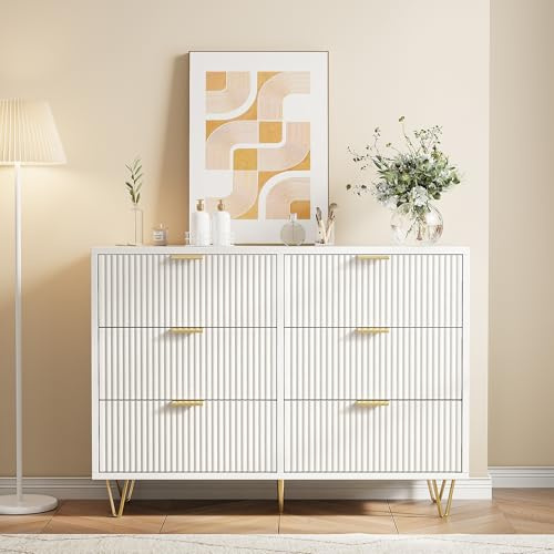 Cómoda con 6 Cajones 100x34x73cm, Mueble de Almacenamiento con Patas y Manijas de Metal Dorado, Armario Blanco con Cajones, Armario de Cajones para Salón, Dormitorio y Oficina (6 cajones, Blanco-d)