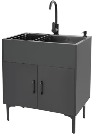 Freistehende Spültisch Küchenspüle, Edelstahl Spüle mit Unterschrank, 1 Becken Spültisch mit Kabinett mit Wasserhahn Abtropfkorb Seifenspender, für Restaurant Haushaltsküche (Schwarz)