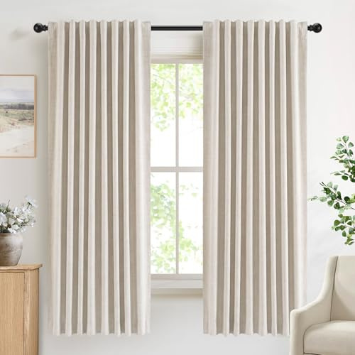 DEFYNEE 100% Verdunkelungsvorhänge mit verdeckten Schlaufen, Leinen-Optik, 2er-Set Blickdichte Vorhänge Stangendurchzug für Schlafzimmer oder Wohnzimmer – H175 x B140 cm, Creme