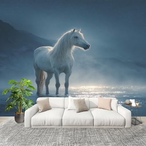 Fotomurales Papel pintado 200x140 cm Caballos De EnsueñO Junto Al Agua Papel Pintado Fotográfico Panoramico Decorativos Dormitorio sala Azul Y Blanco Murales Papel Tapiz Antimoho Removibles, Grandes