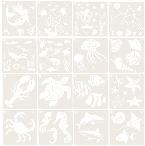 Generisch 16 Stück Wiederverwendbare PET Schablonenvorlage Unterwasserwelt zum Sprühen Zeichnen für Heimdekoration Selbstgemacht Kunst und Scrapbooking