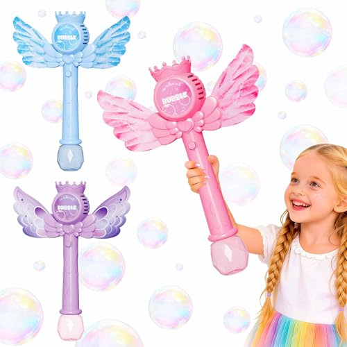 TECKMICO 3-Pack Automatic Bubble Wands for Girls,Princess Bubble Machine with Rechargable Battery for Kids Summer Indoor Outdoor Toys Easter Birthday Wedding Party Gift