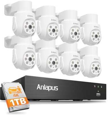 Anlapus 4K 8MP Kit Caméra Surveillance avec Fil pour Extérieure Intérieure | NVR 1TB 8CH en 8MP avec Détection Humain/Véhicule, 8 Caméra Sécurité Complète avec PT360°, Enregistrement 24/7