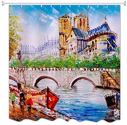 A.Monamour Paris Seine Flussbrücke Boot Altes Gebäude Szenisches Ölgemälde Druck Wasserdichtes Polyester Badezimmer Dusche Vorhang 180X180 cm / 72X72 Inch