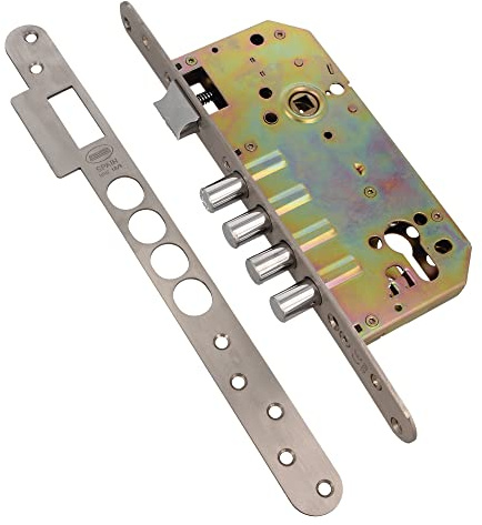 Amig - Mortice Lock with Bolts for Wooden Doors Mod. 101-50/85 mm - with Cylinder and Safety Shield - Reversible Handle - Matte Stainless Steel