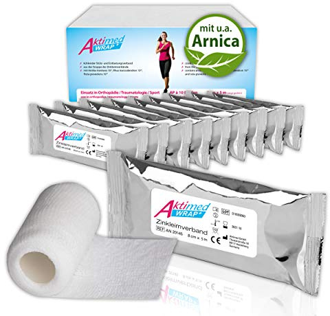 AKTIMED Wrap+ Zinkverband (10er-Pack) Zinkleimverband kühlend – feuchter Entlastungsverband mit pflanzlichem Extrakt Arnika D6* - Zinkleimbinde Dermatest „sehr gut – patentierter Kühlverband