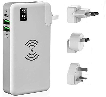 MYYING ELE Wireless Power Bank 10000mAh QC3.0 Input and Output Power Delivery Power Bank with LED Display and Interchangeable Wall Charger Compatible All Qi-Enabled Devices, White