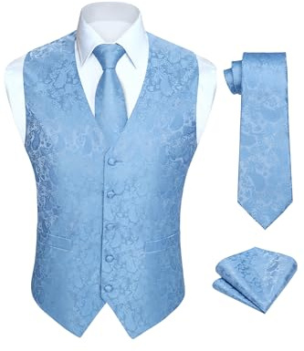 HISDERN Herren Weste Paisley Floral Jacquard Krawatte Einstecktuch Taschentuch Weste Anzug Set